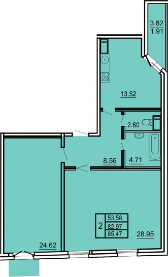 Двухкомнатная квартира 88.74 м²
