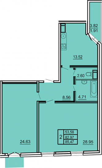 Двухкомнатная квартира 88.74 м²